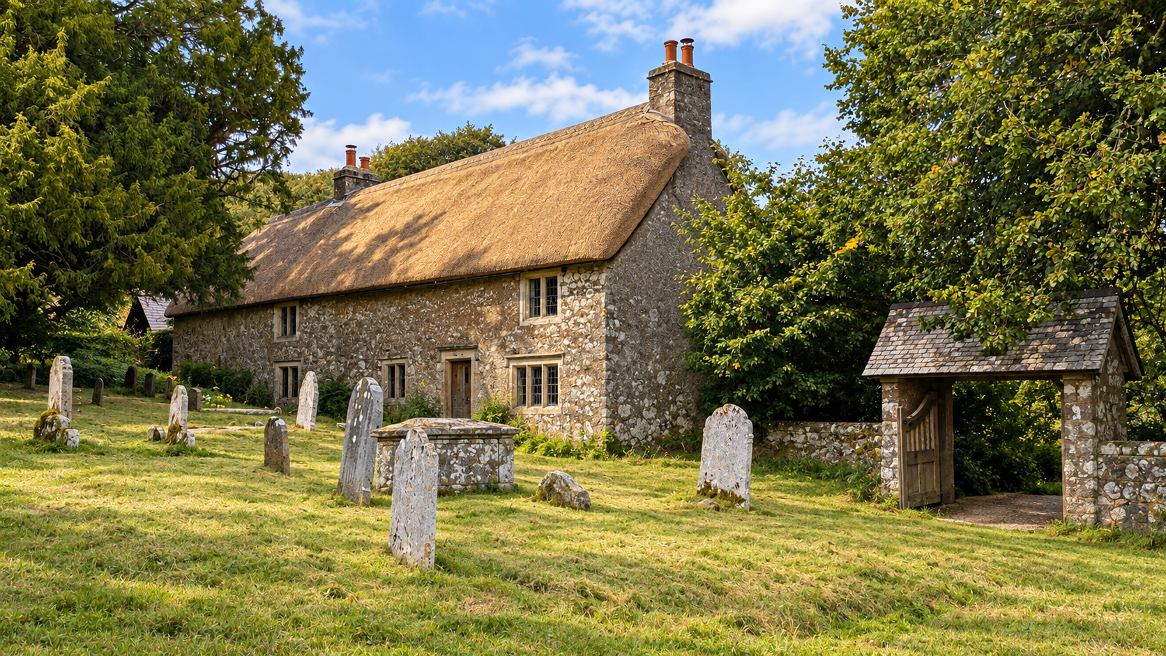 Thatched cottage beside Manaton churchyard
